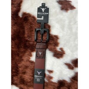 American‎ Bison Mens Brown Top Grain Leather Belt Size 32 Matte Black Buckle